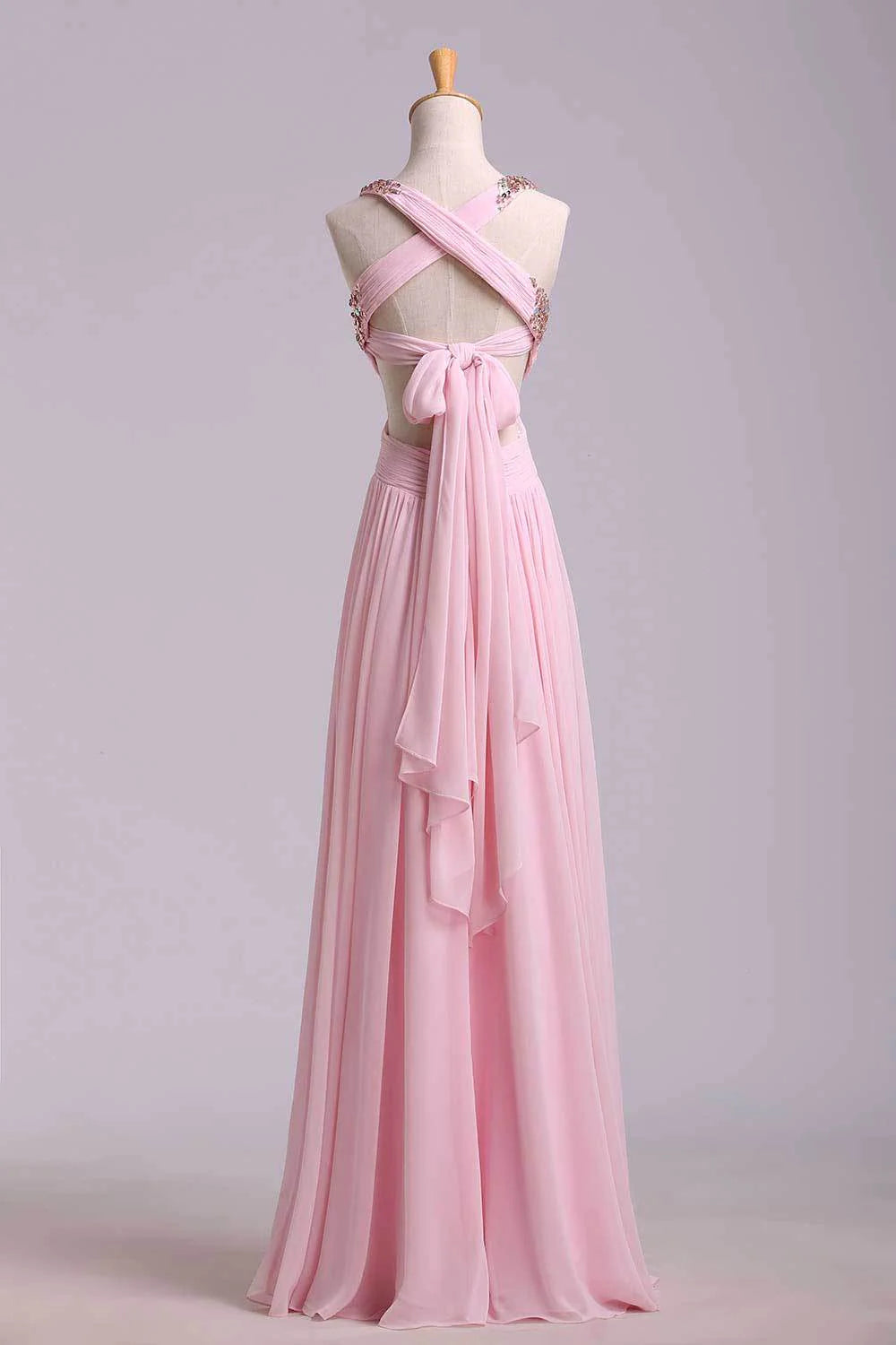 Party Dresses A-Line Cross Back Floor-Length Chiffon Pink Ready To Ship